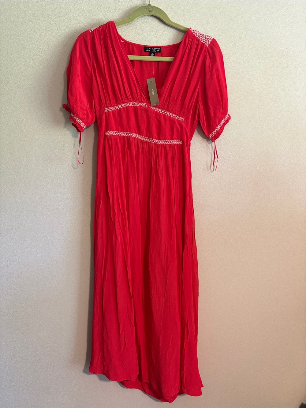 J. Crew Bright Red V-Neck Maxi Dress with Puff Sleeves